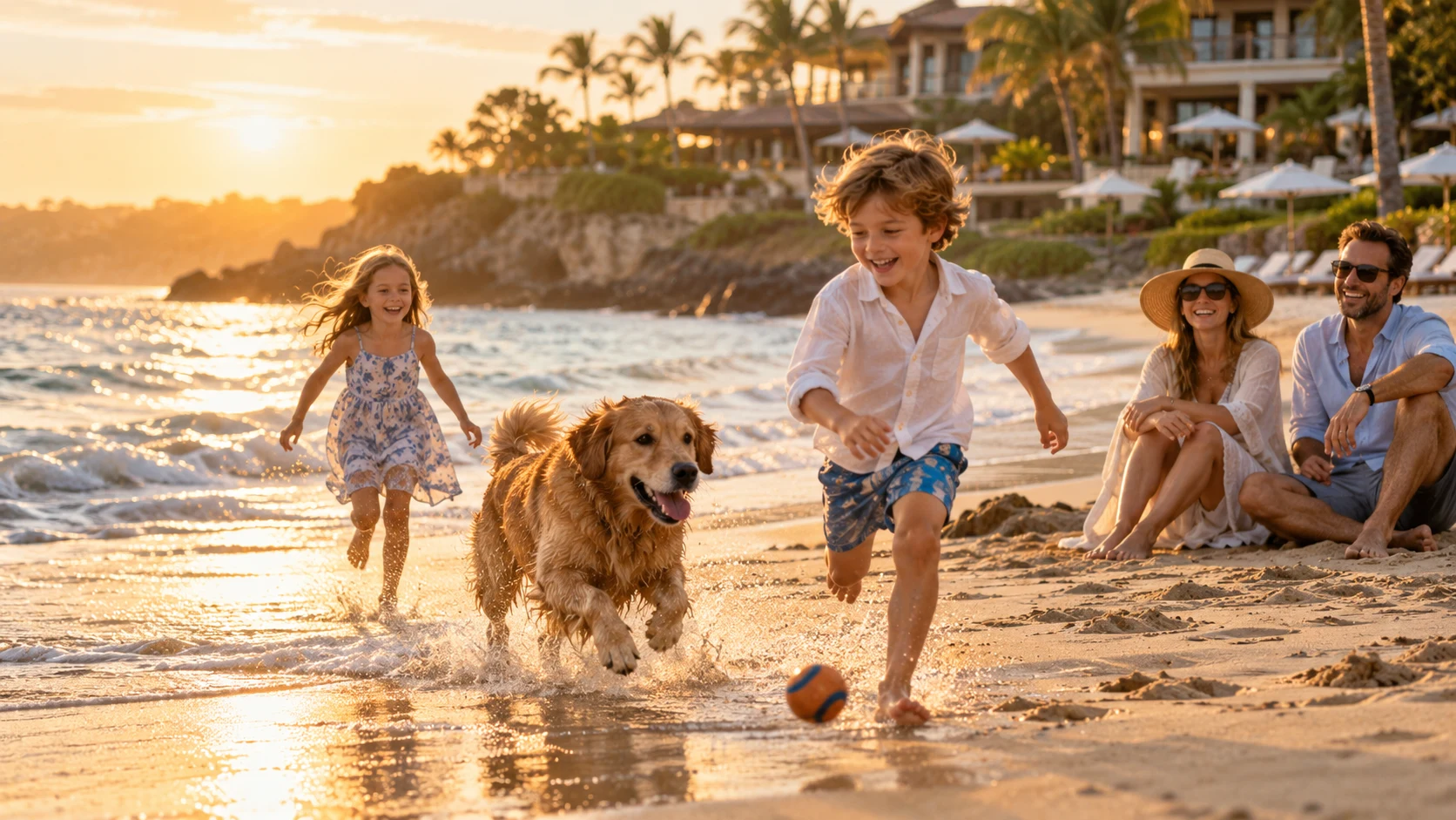 Children playing fetch with a dog on the beach