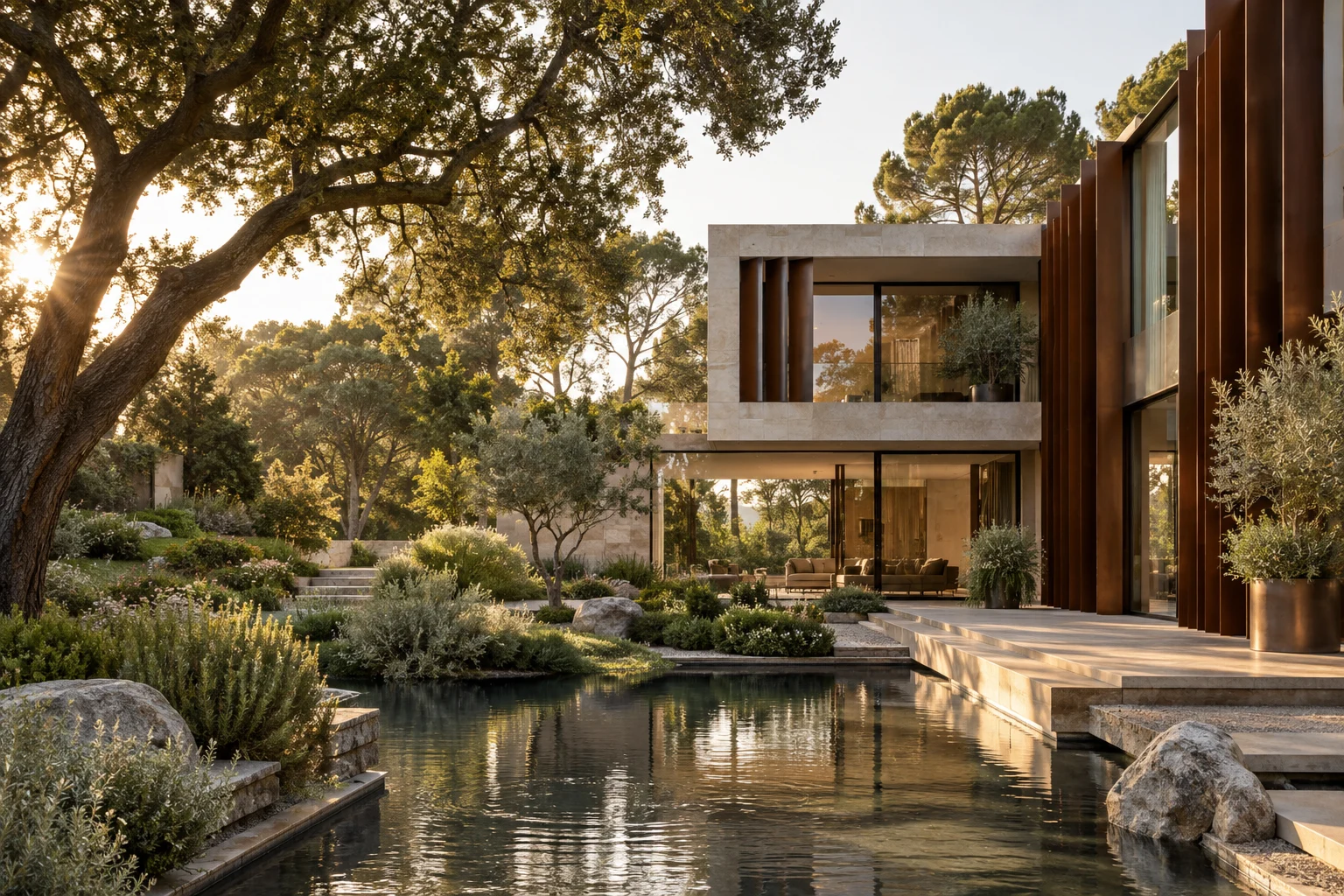 Sunlight falling through mature trees onto a bronze and limestone garden home