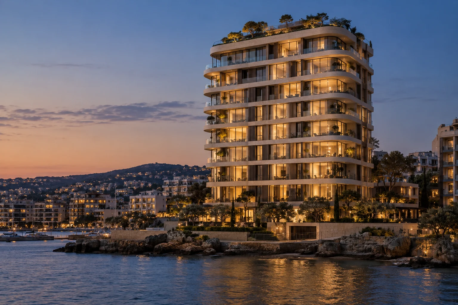 The Meridian tower concept with curved limestone balconies and harbour views