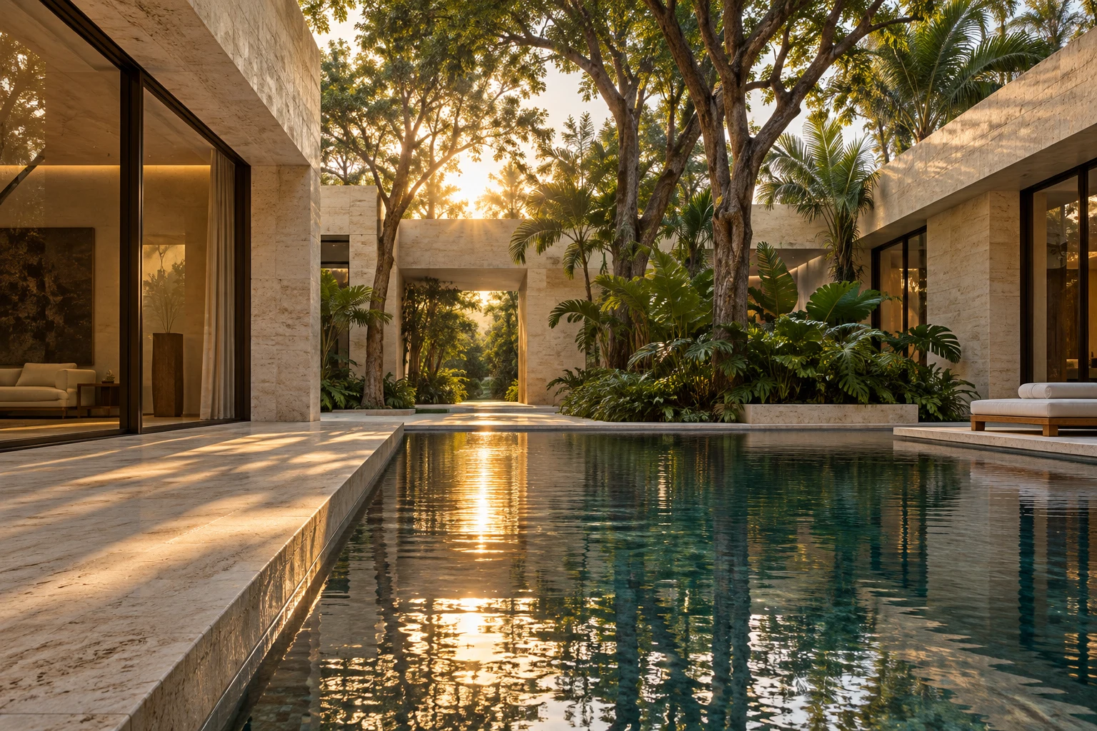 Sunlit travertine courtyard with mature trees and a reflecting pool