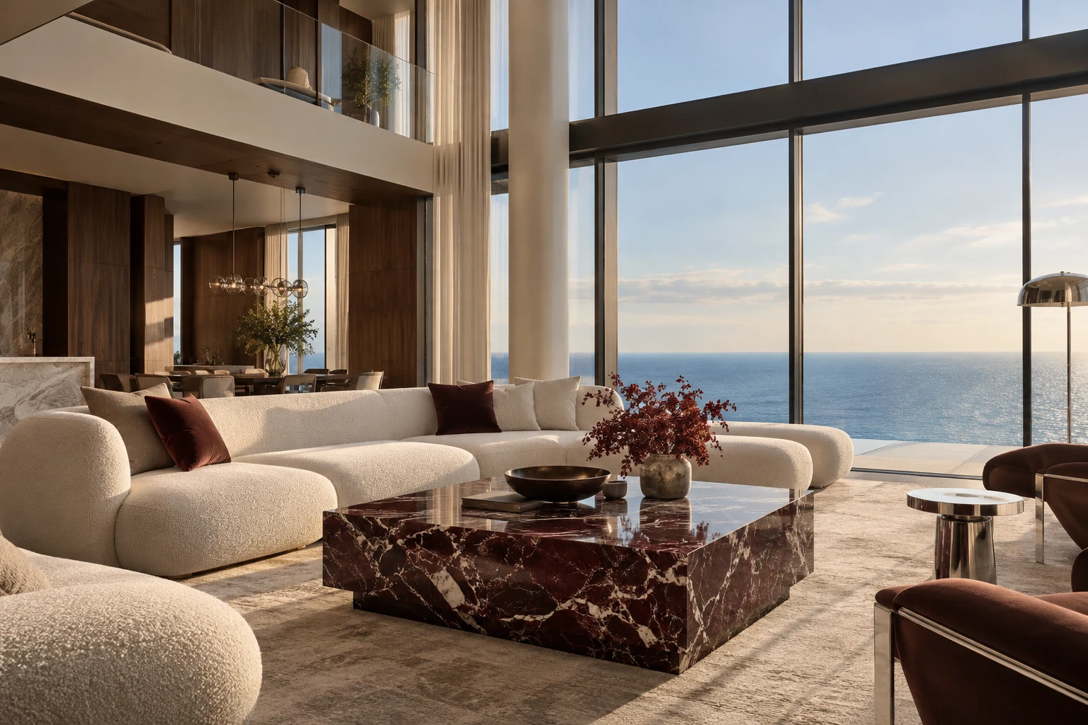 A double-height coastal living room with sculptural furniture and natural stone