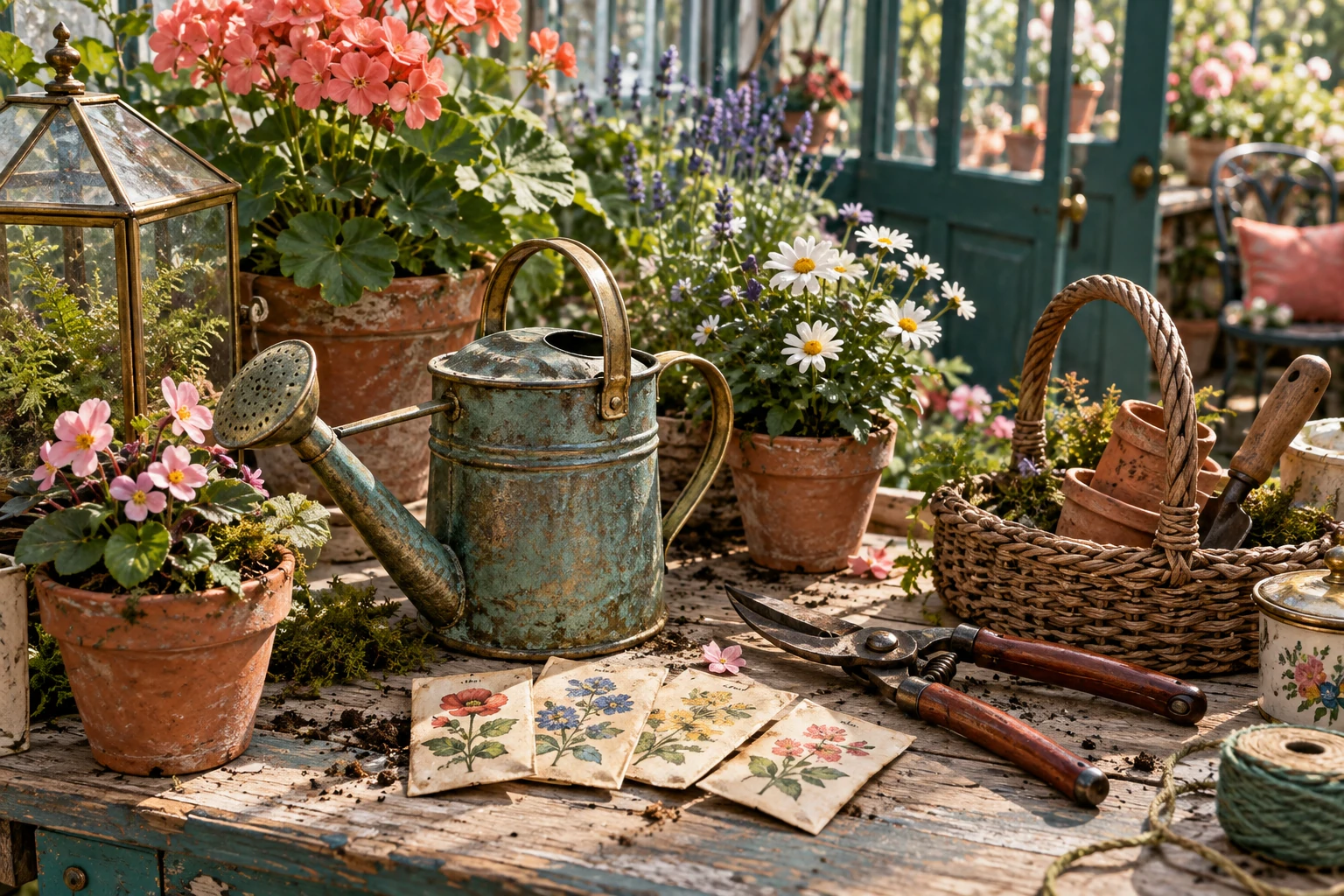 Miniature watering can, garden tools, seed packets and terracotta pots in a sunlit greenhouse