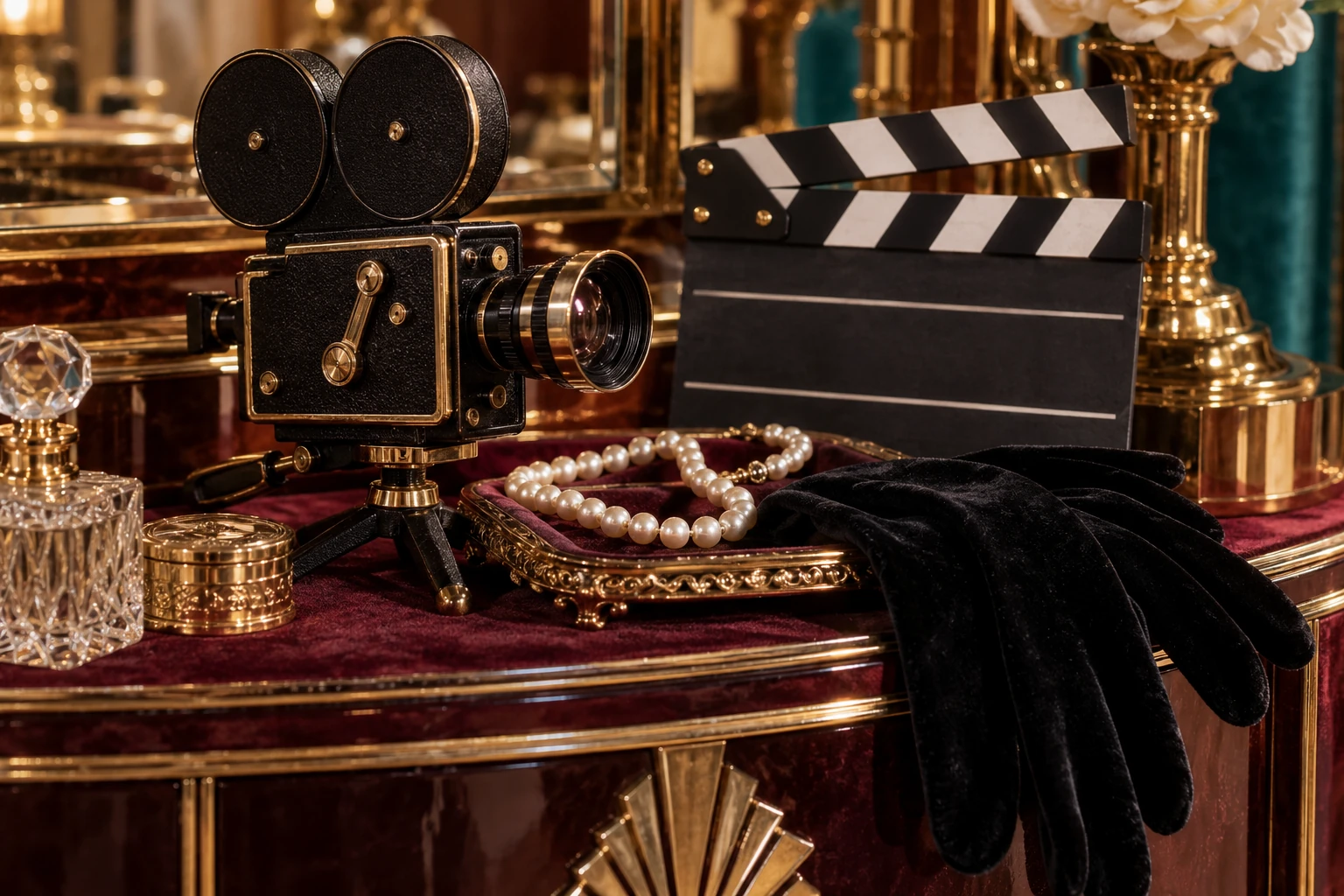 Miniature movie camera, clapperboard, pearls and velvet gloves on a burgundy Art Deco vanity
