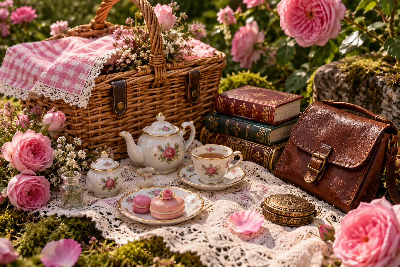 A miniature wicker picnic basket, gingham, books, satchel and tea on lace in a rose garden