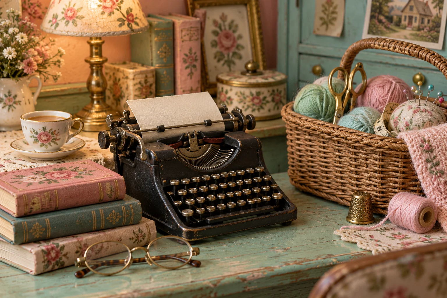 Miniature typewriter, storybooks, spectacles and sewing basket in a colourful vintage atelier