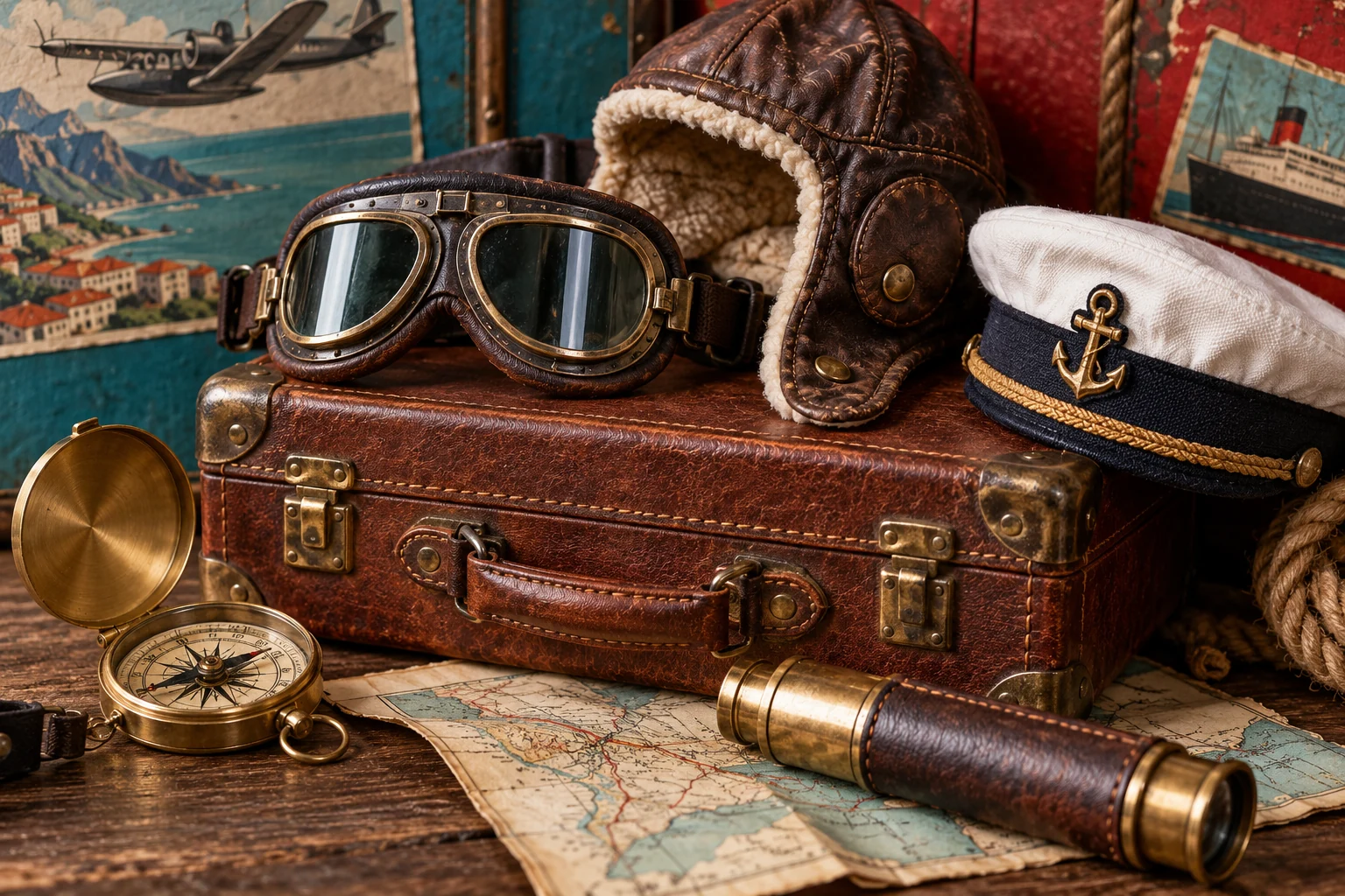 Vintage miniature suitcase, goggles, compass, map and sailor's telescope in a colourful travel setting