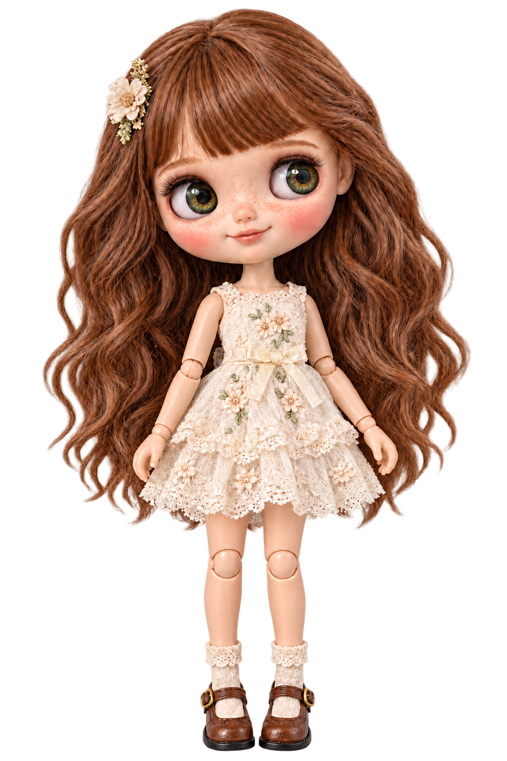 Maisie Rose, a smiling jointed doll with chestnut hair and a cream embroidered lace dress