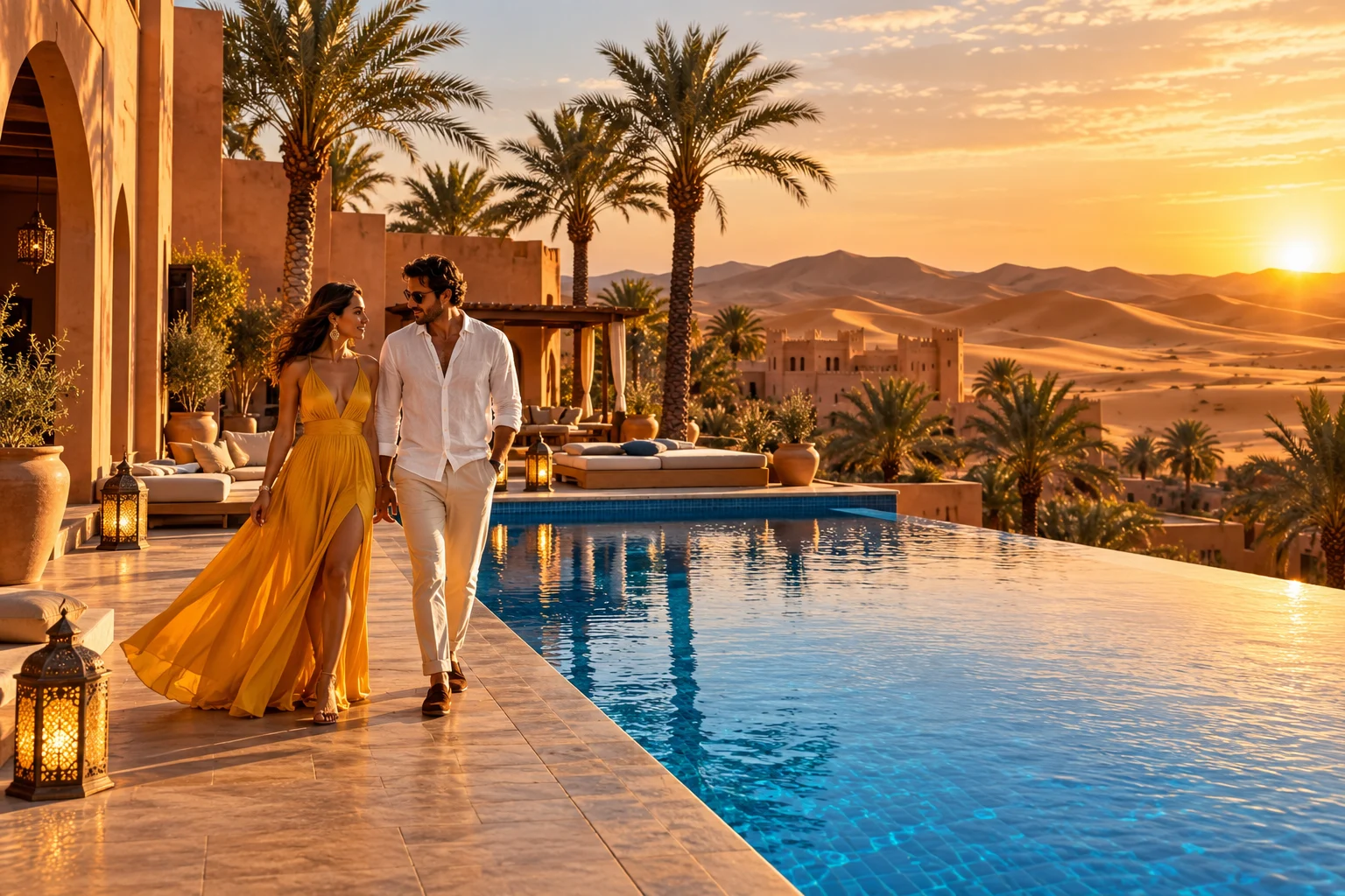An elegant couple beside a luxurious desert resort pool
