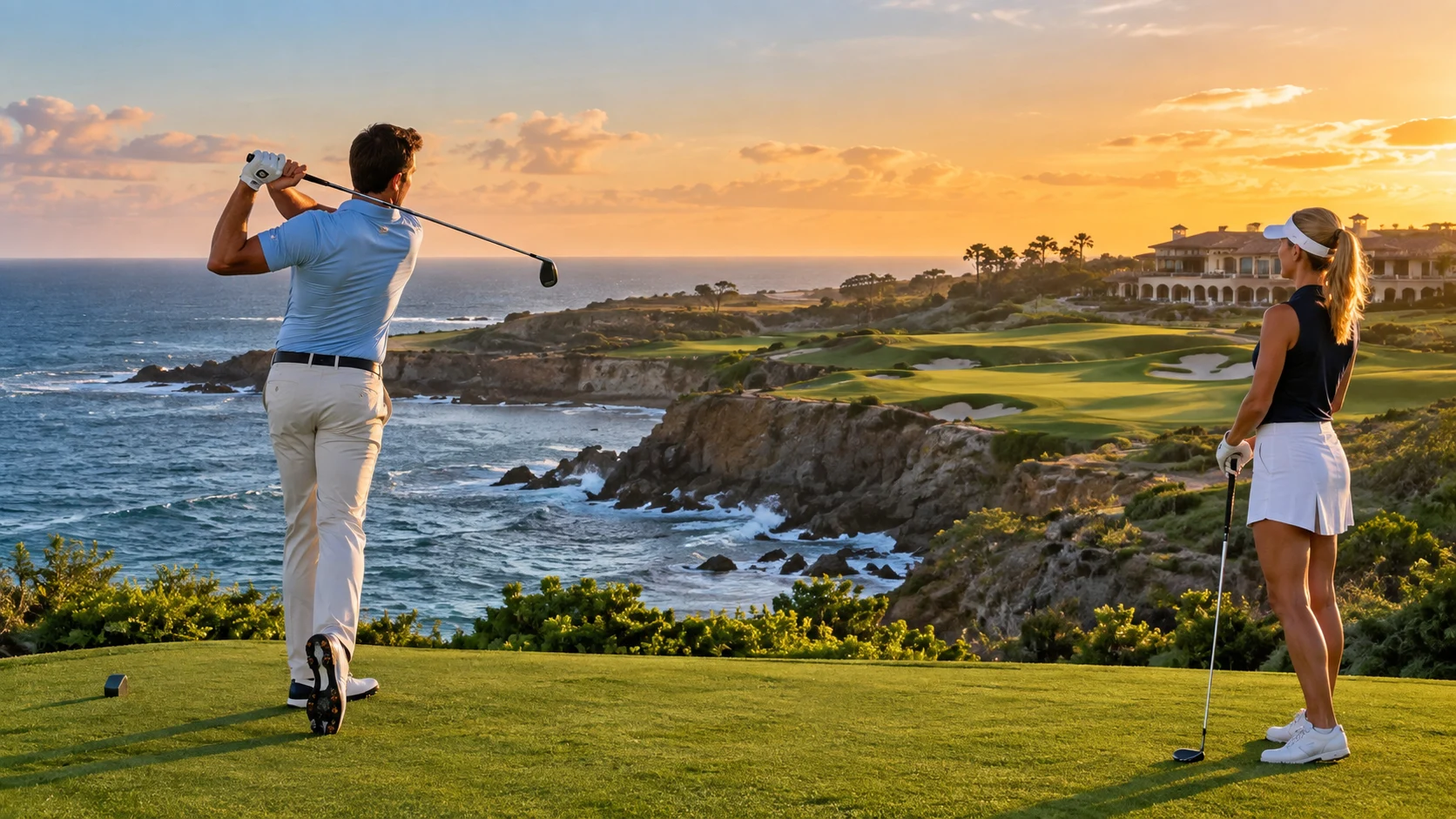 Golfers enjoying an oceanfront luxury course
