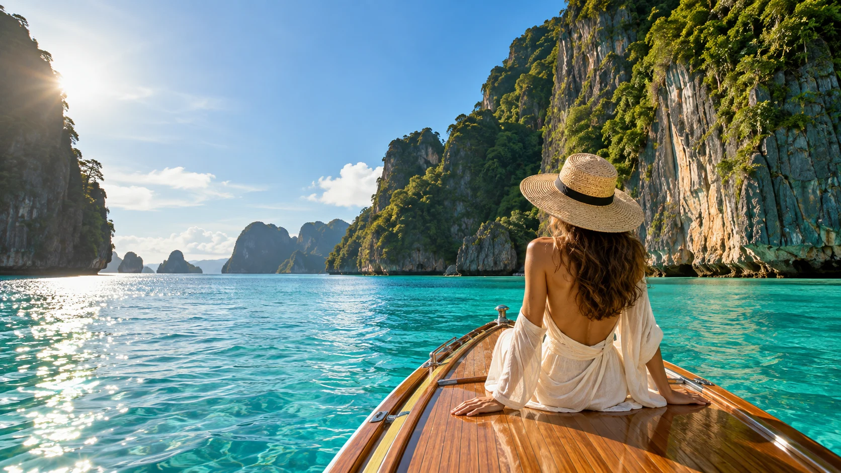 An elegant traveller on the teak bow of a private boat, surrounded by turquoise water and limestone islands