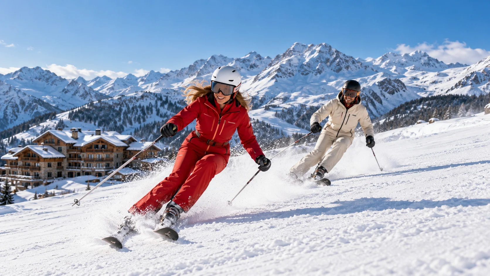 Stylish skiers exploring a spectacular alpine landscape