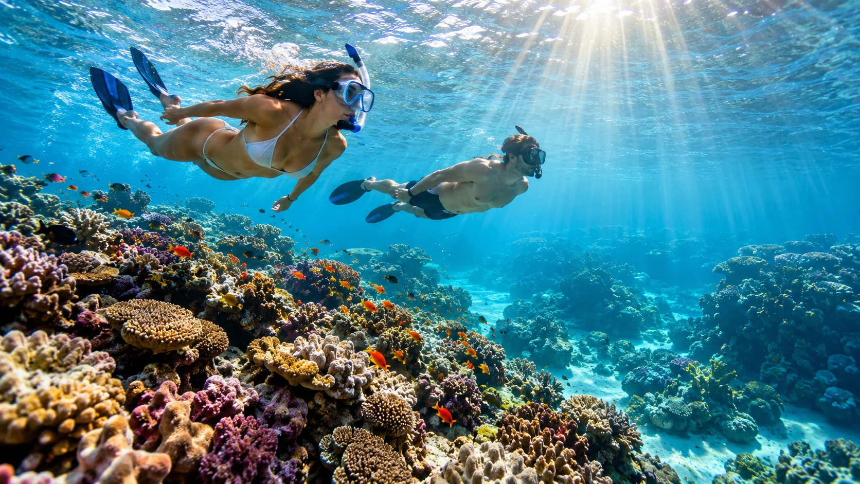 Travellers snorkelling in clear tropical water