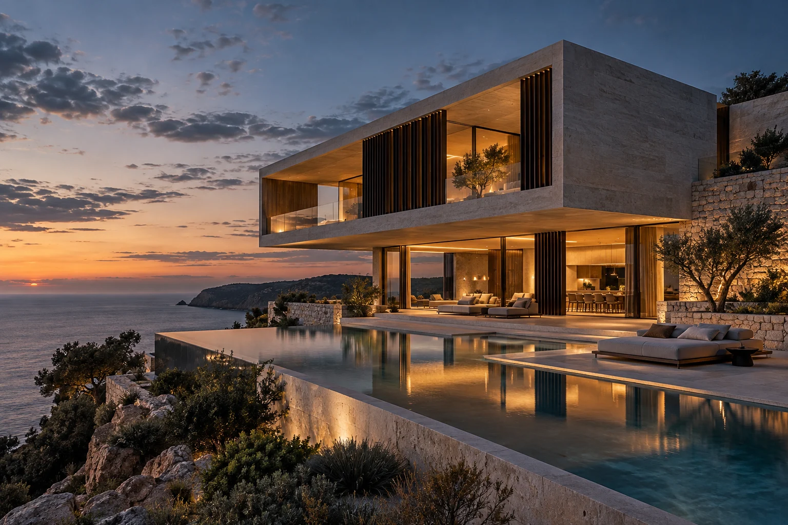 Original concept of a limestone coastal villa at dusk