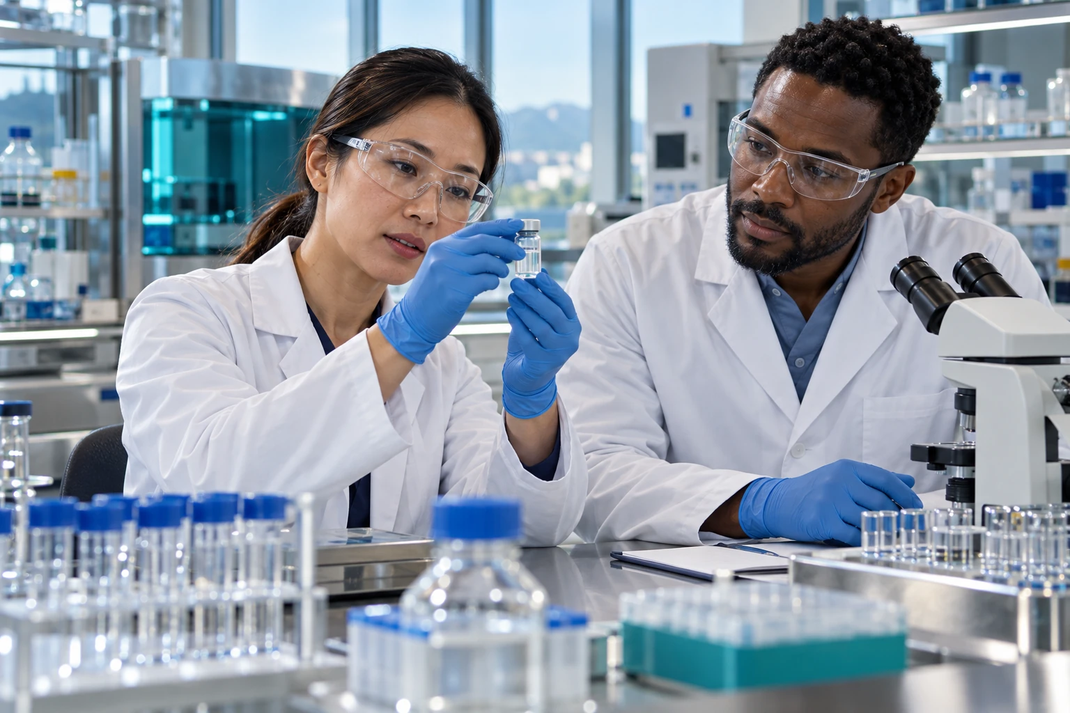 Two researchers examining a sample together.