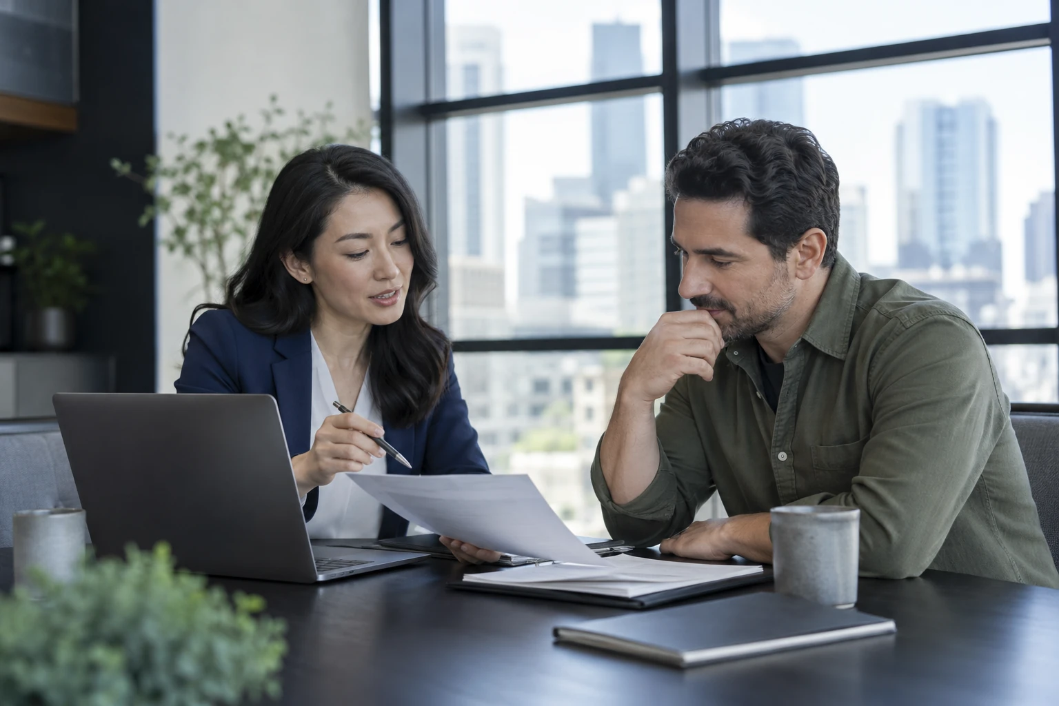 An adviser and a business owner reviewing a report together in a meeting room