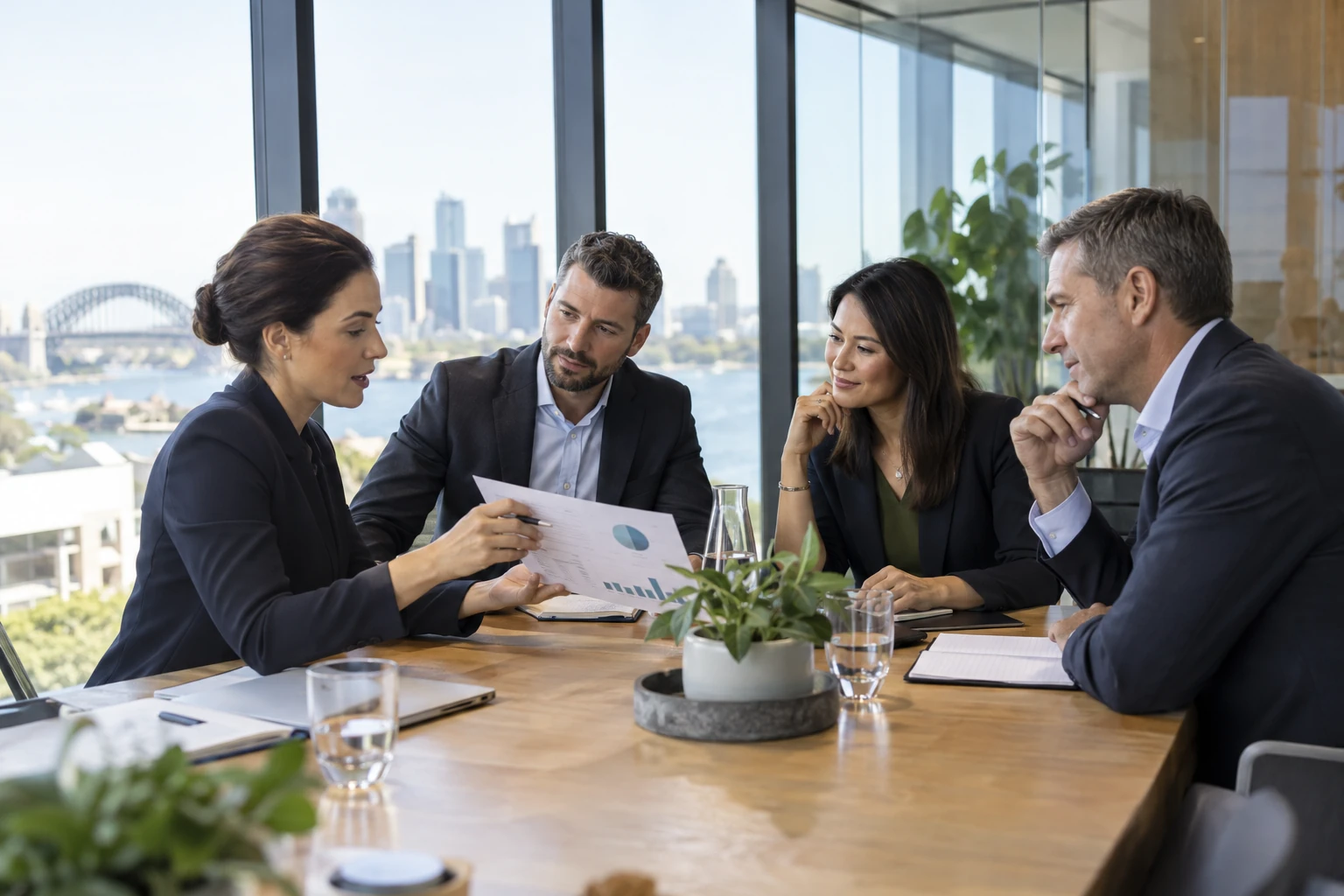 Four business professionals discussing a financial report around a table in a glass meeting room