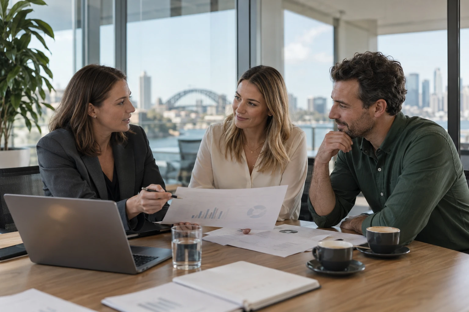 Three business professionals discussing a growth plan in a bright meeting room