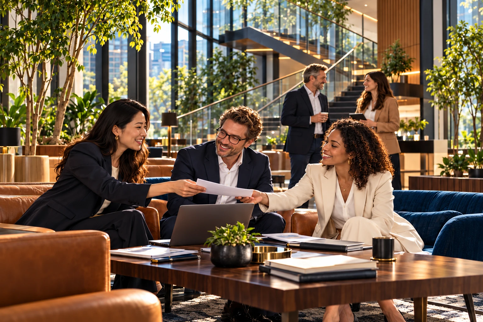 Colleagues handing over a document in a warm executive lounge overlooking the city.