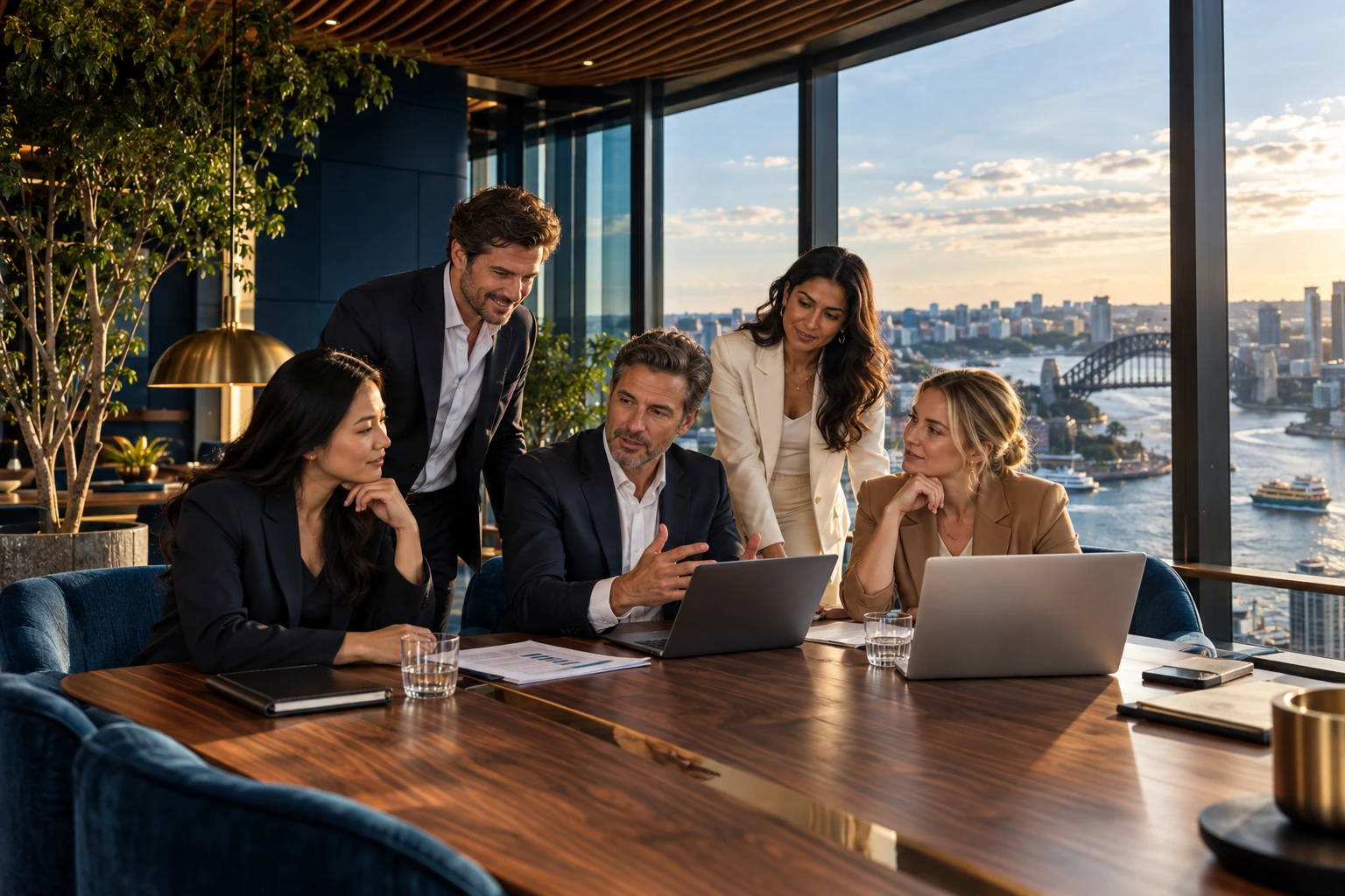 Five colleagues sharing ideas in a sunlit harbour-side office with walnut finishes and blue chairs.