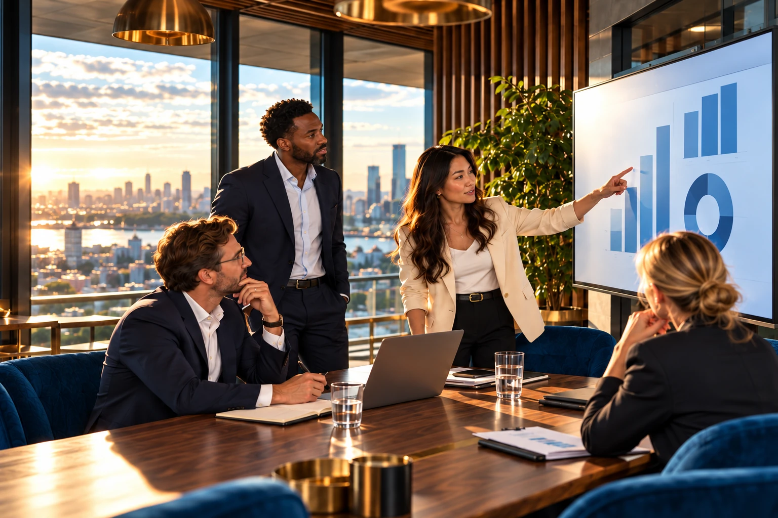 A team discussing priorities around a table in a sophisticated glass-walled strategy room.