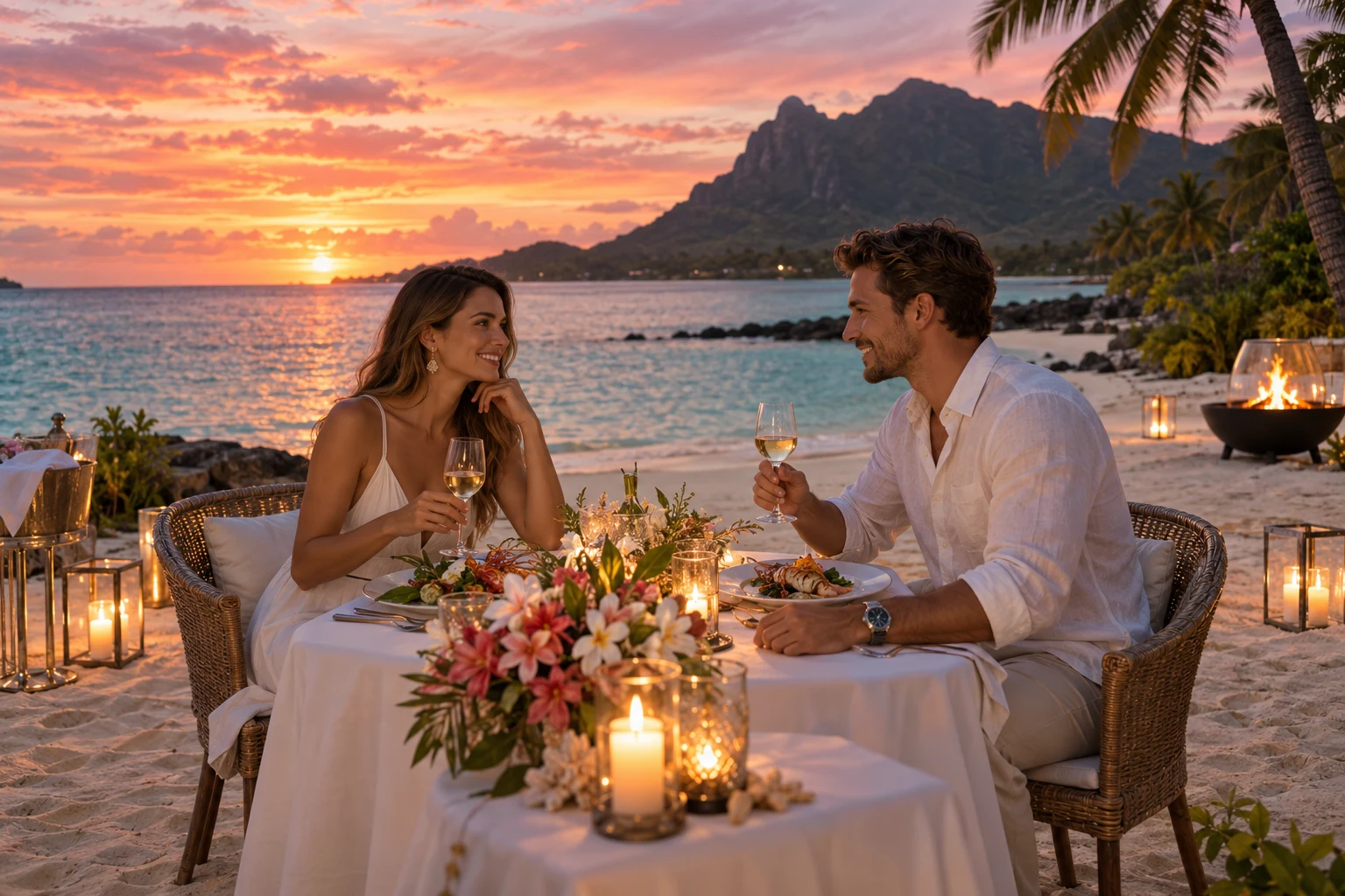 A smiling couple enjoying a candlelit beach dinner at sunset