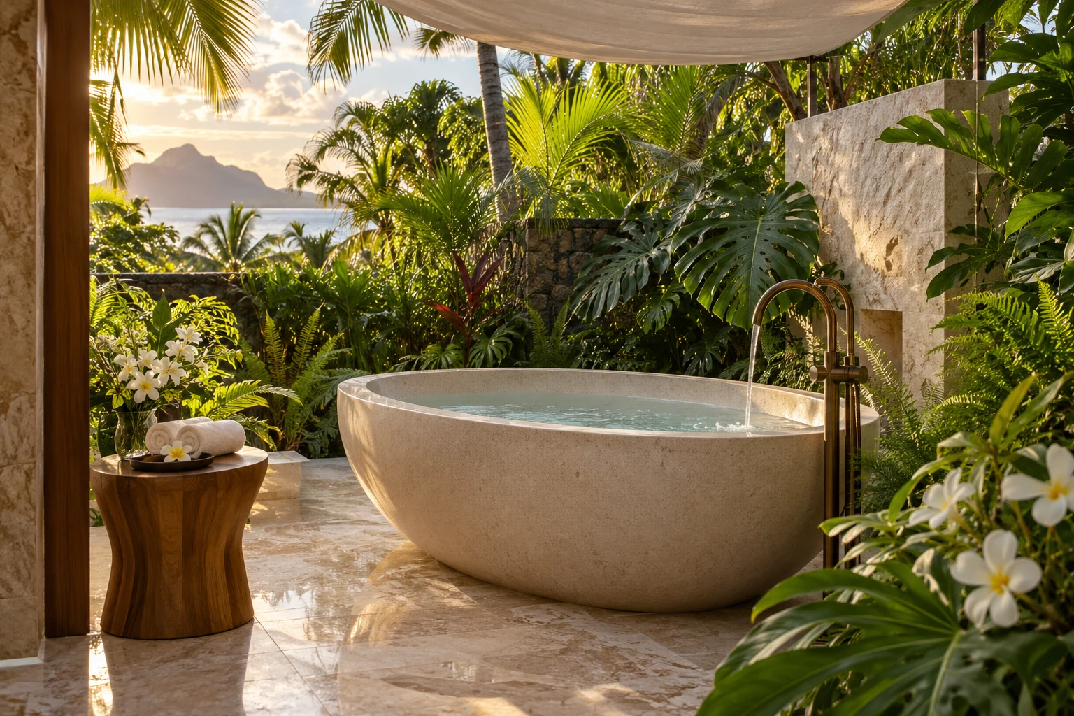 An open-air stone bath surrounded by lush tropical greenery