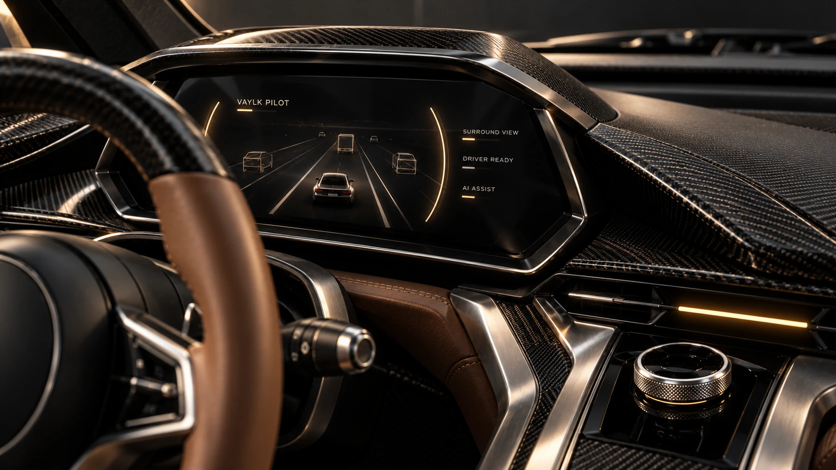 VAYLK AI control panel with surround perception, road mapping and driver readiness display