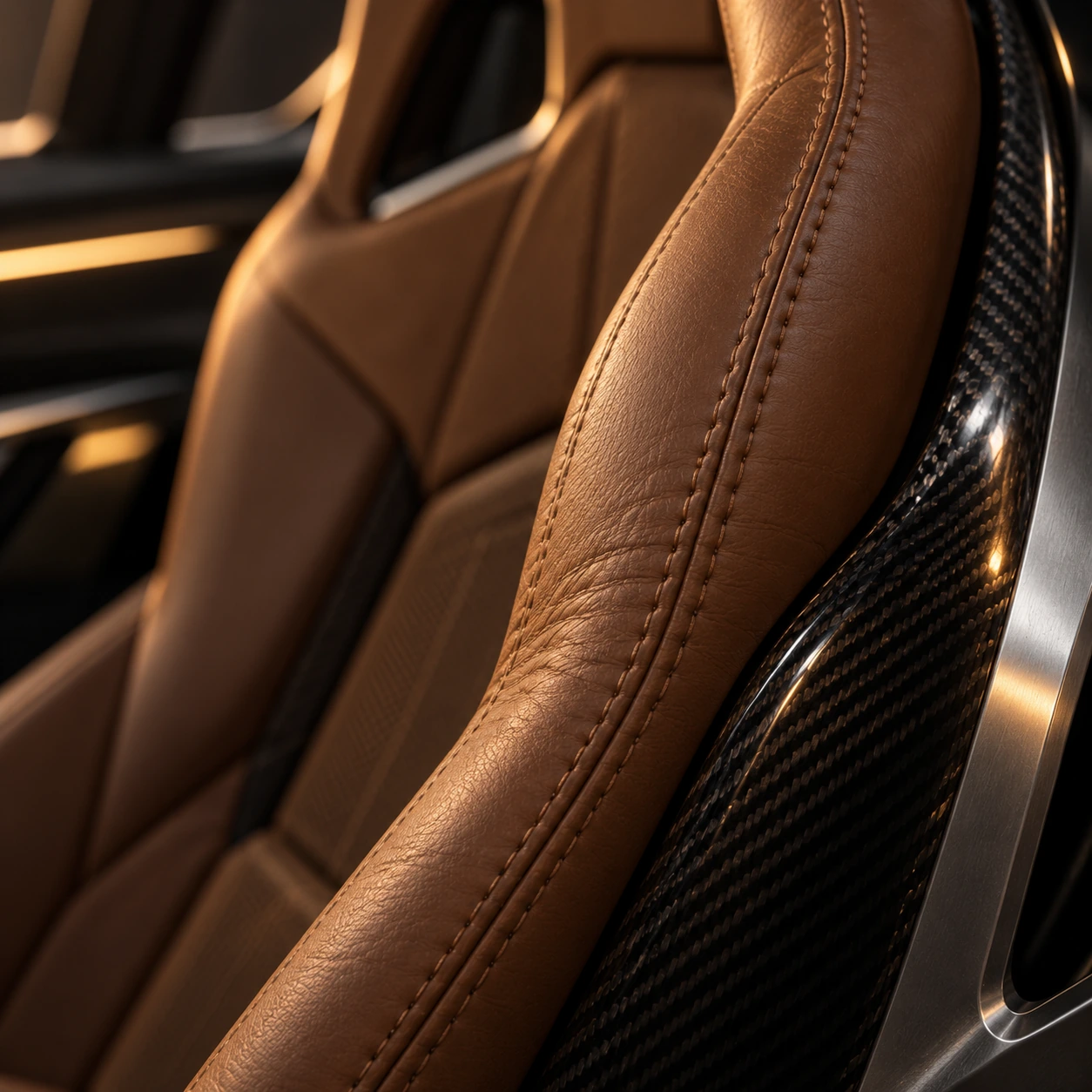 Saddle leather seat with hand stitching and carbon shell