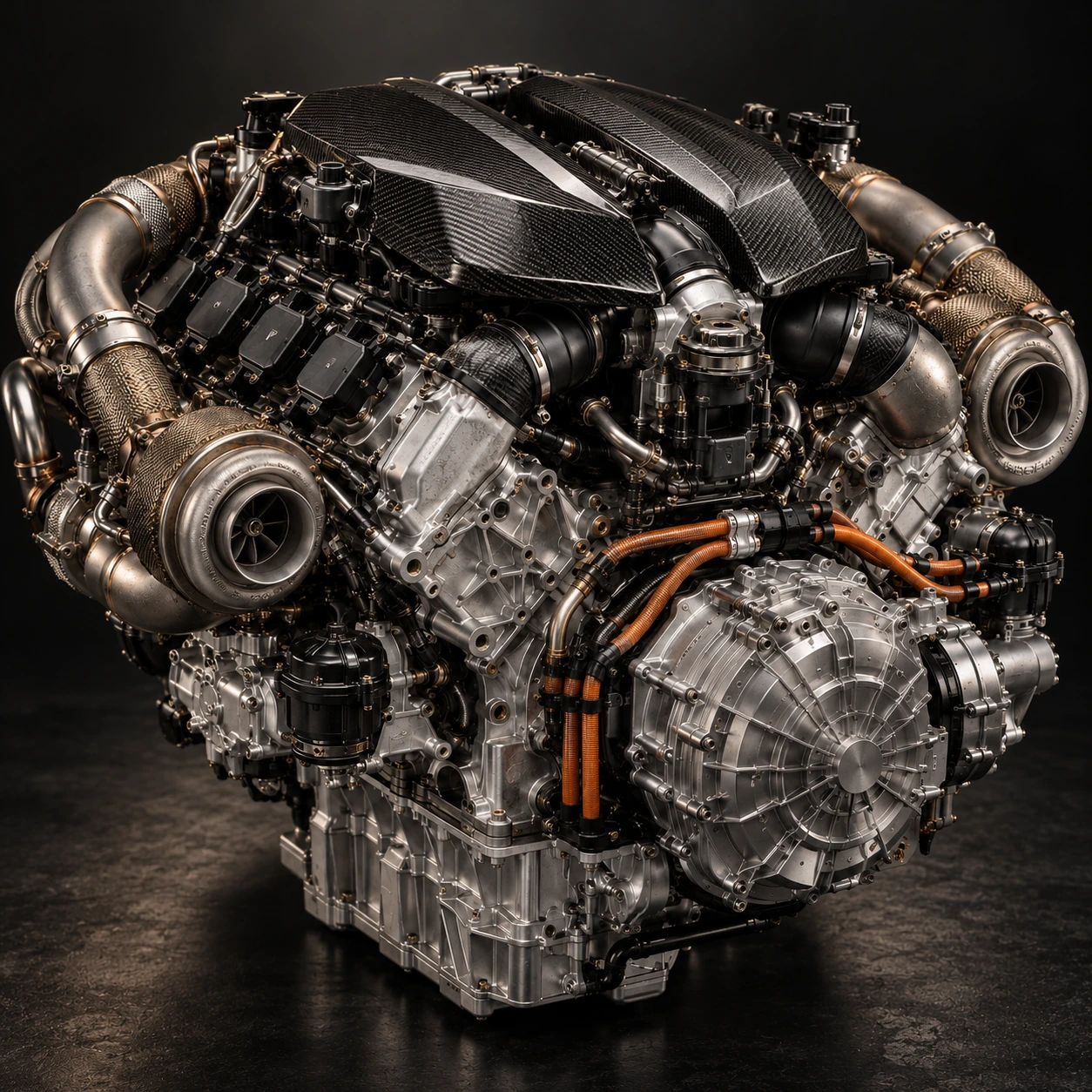 Original hybrid V8 powertrain concept with carbon covers and machined components
