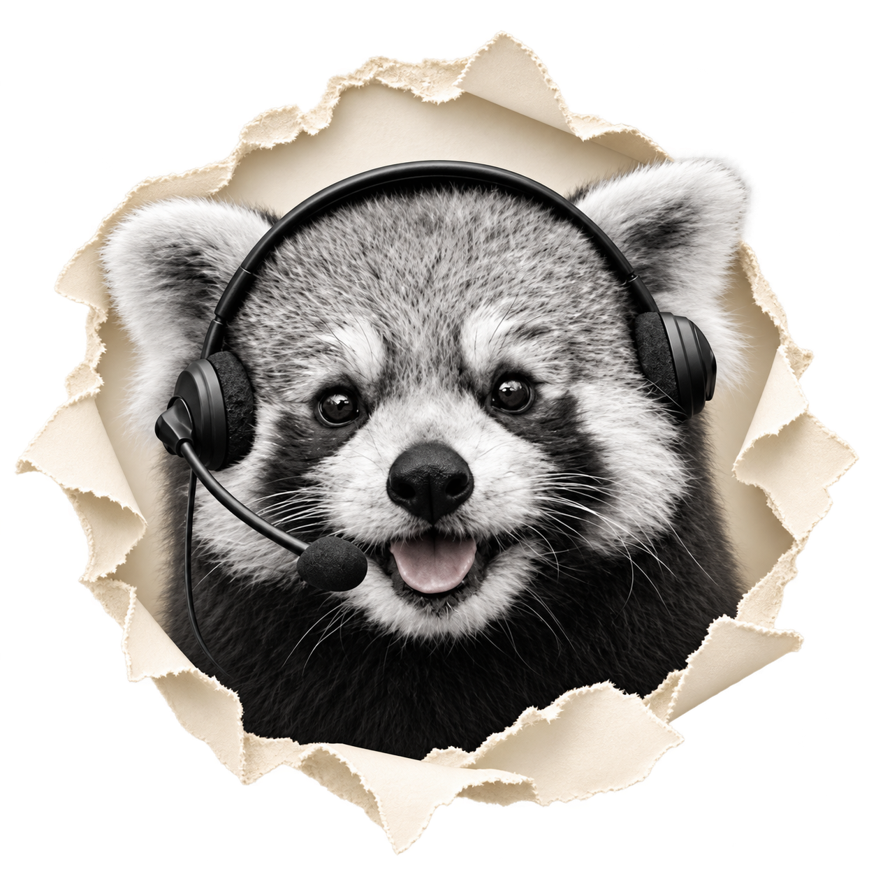Gren’s friendly red panda wearing a support headset, peeking through cream paper
