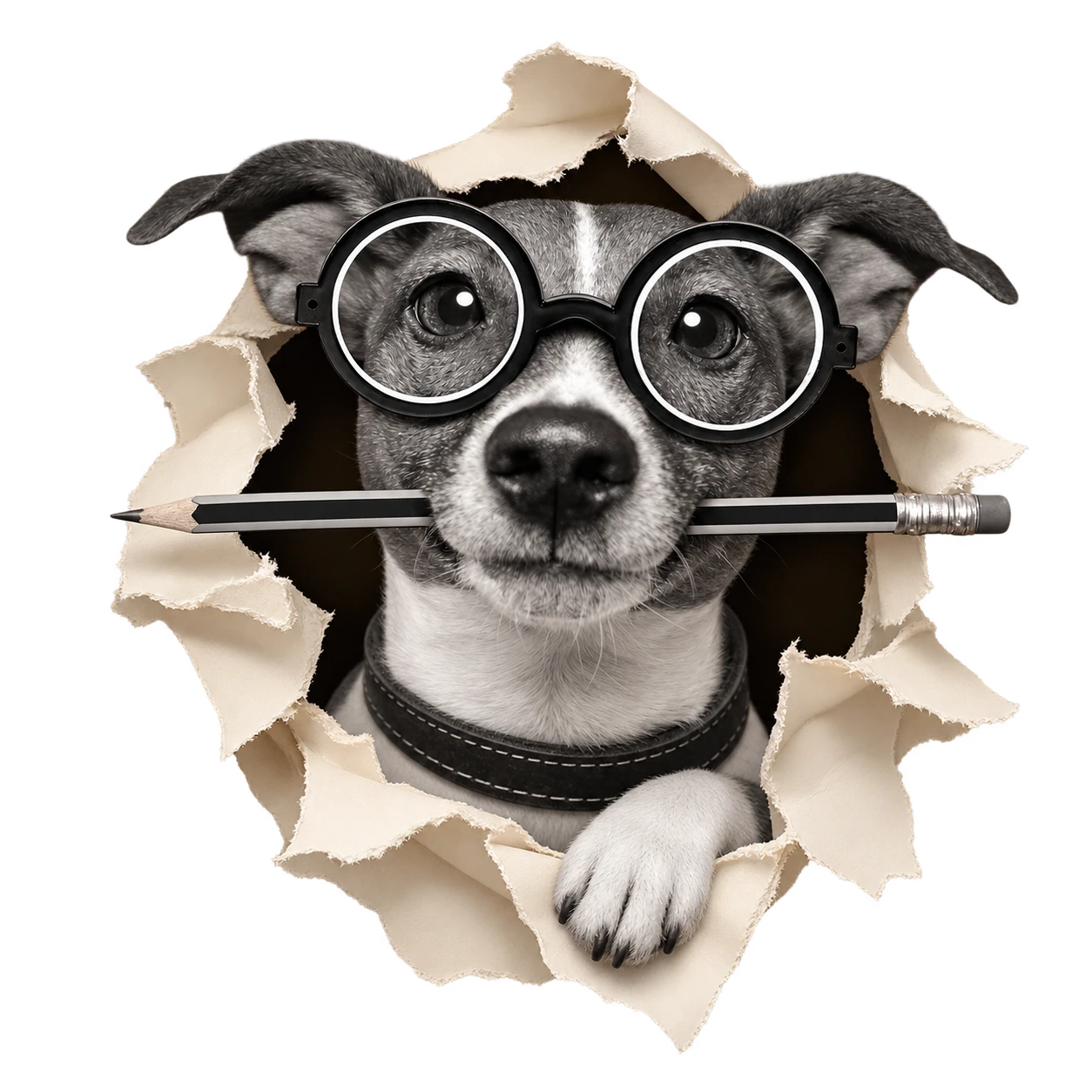 Gren’s bespectacled dog peeking through torn paper with a pencil
