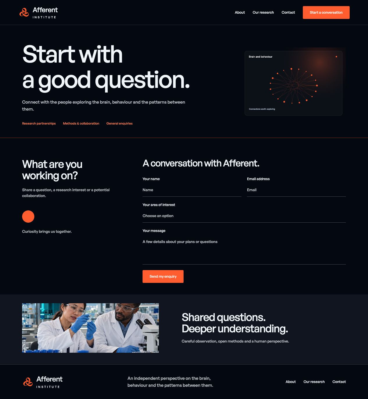 Afferent Institute Contact desktop page design