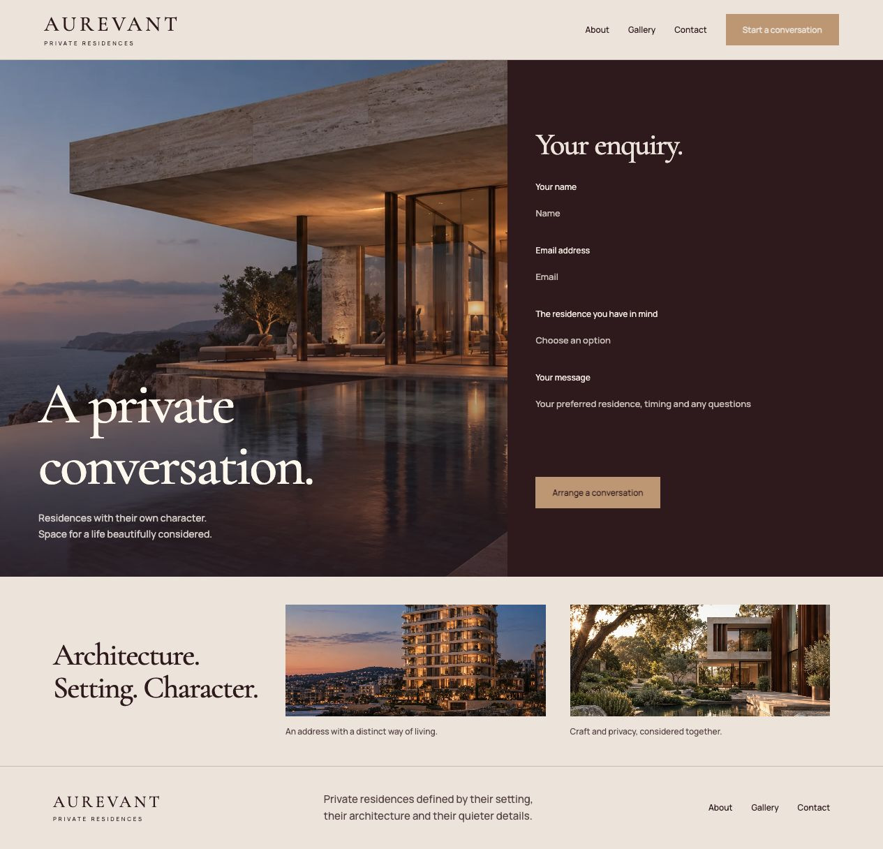 Aurevant Private Residences Contact desktop page design