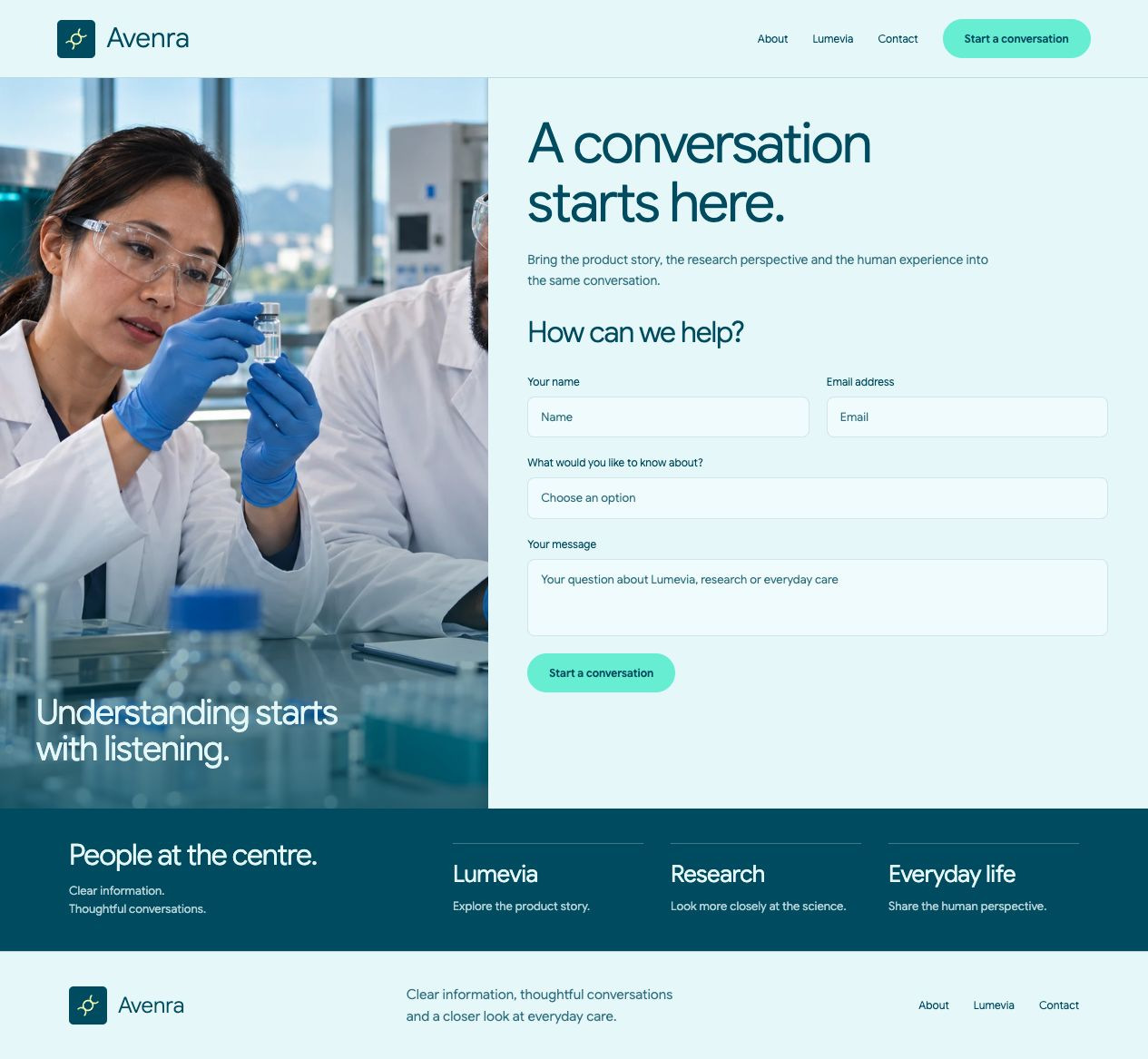 Avenra / Lumevia Contact desktop page design