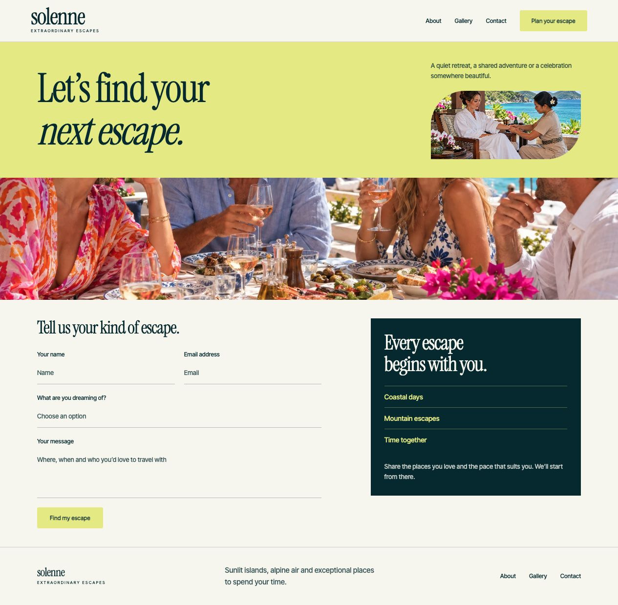 Solenne Escapes Contact desktop page design