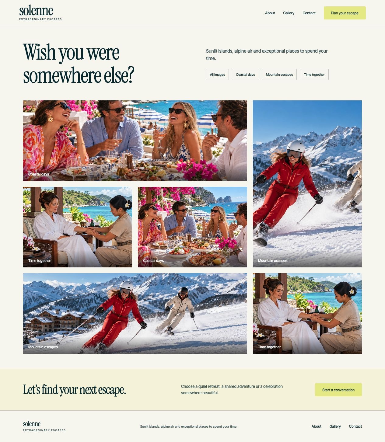 Solenne Escapes Gallery desktop page design