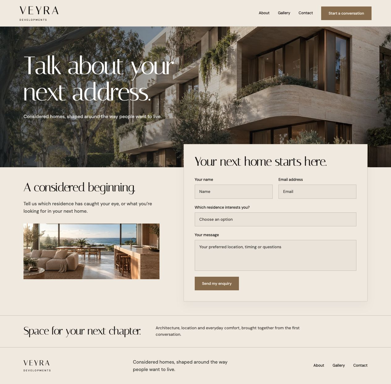 Veyra Developments Contact desktop page design